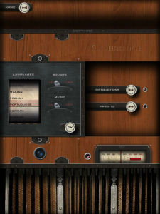 【設定画面では、英語以外に６つの言語から選択したり、効果音やBGMのオン／オフ、利用方法の解説、制作者クレジットの表示ができる】