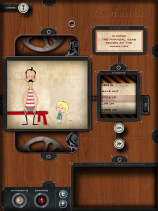 【練習問題の画面では、左の窓に表示されるアニメーションを見て、右の窓内のドラムを回して答えを選択する】